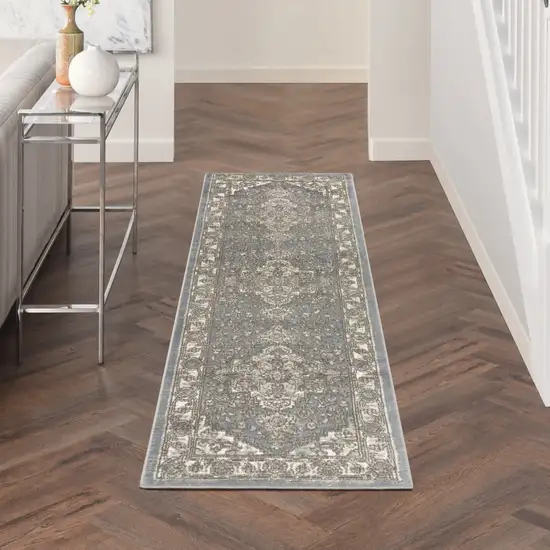 6' Blue Floral Power Loom Runner Rug Photo 4