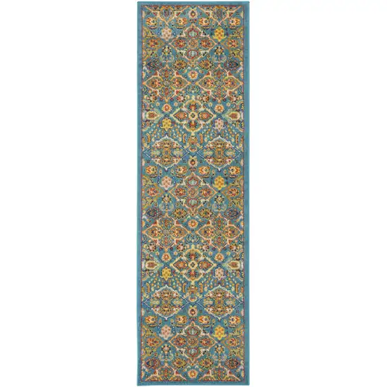 8' Blue Floral Power Loom Runner Rug Photo 7