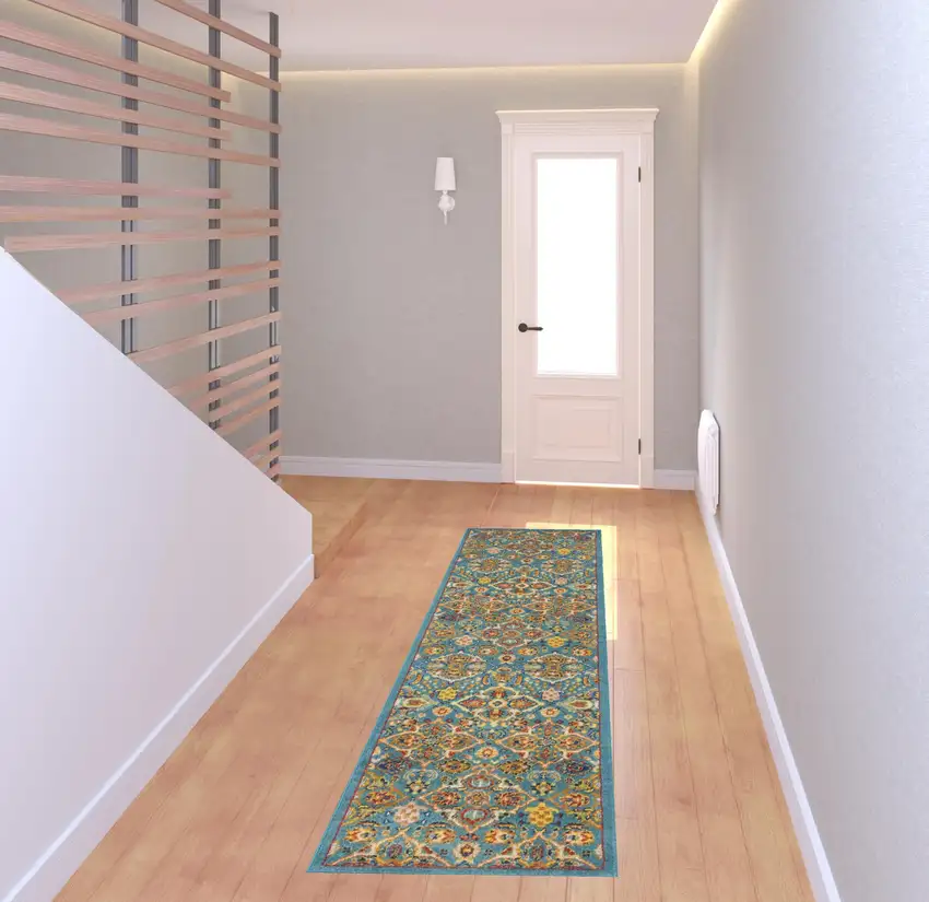 8' Blue Floral Power Loom Runner Rug Photo 2