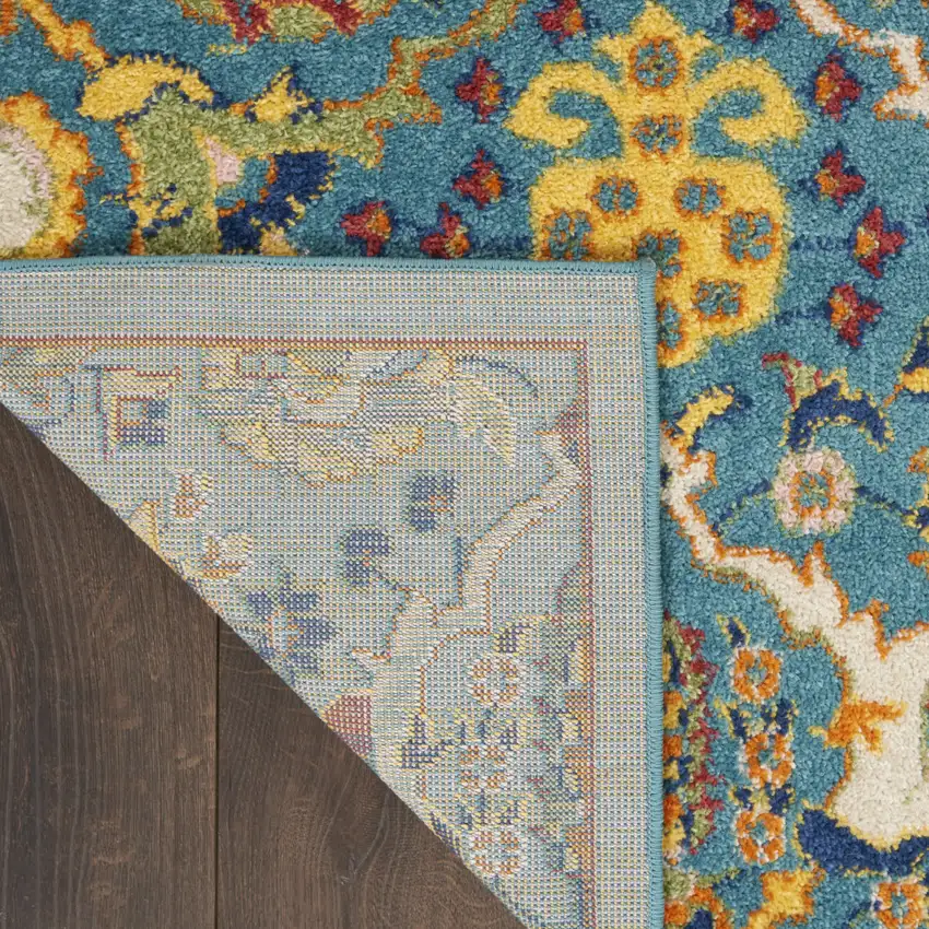 8' Blue Floral Power Loom Runner Rug Photo 8