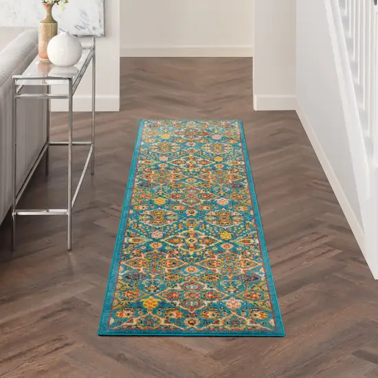8' Blue Floral Power Loom Runner Rug Photo 3