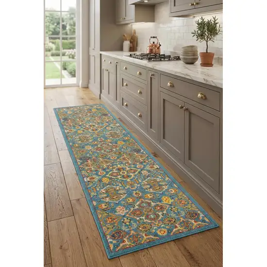 8' Blue Floral Power Loom Runner Rug Photo 1