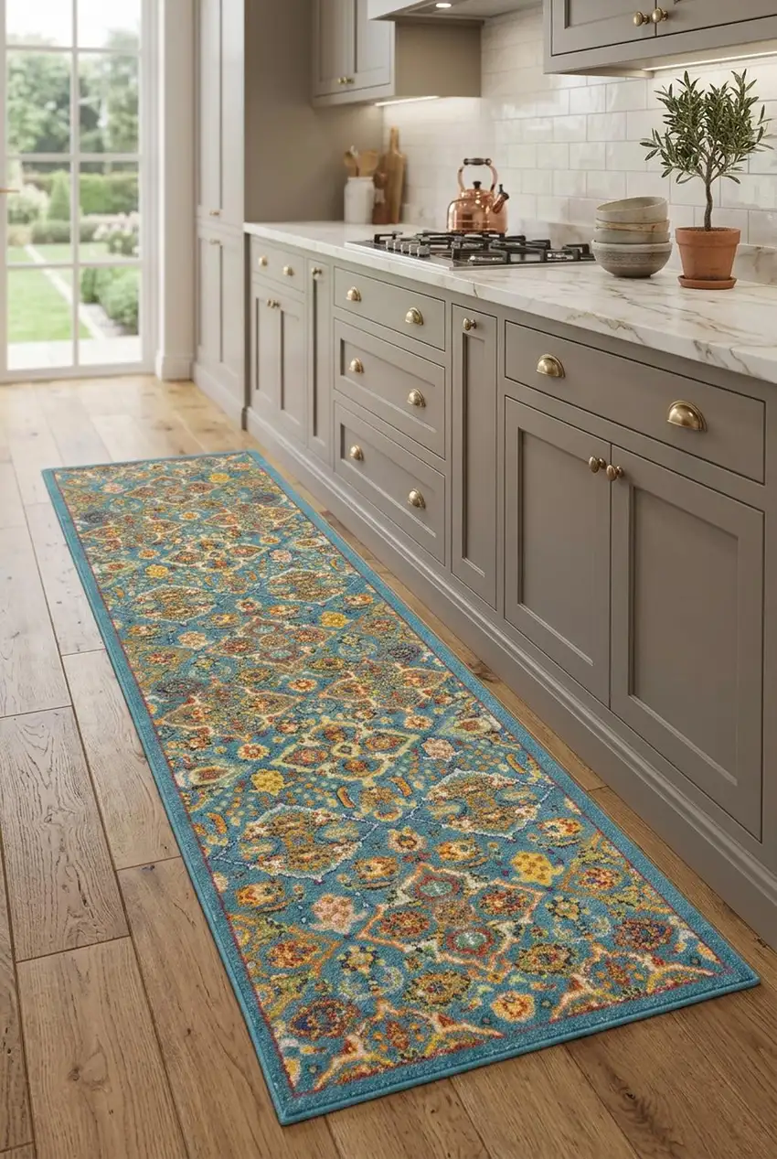 8' Blue Floral Power Loom Runner Rug Photo 1