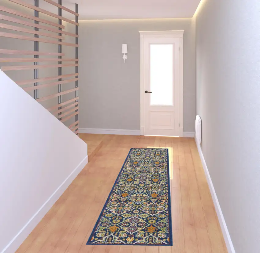 8' Blue Floral Power Loom Runner Rug Photo 5
