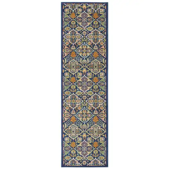 8' Blue Floral Power Loom Runner Rug Photo 2
