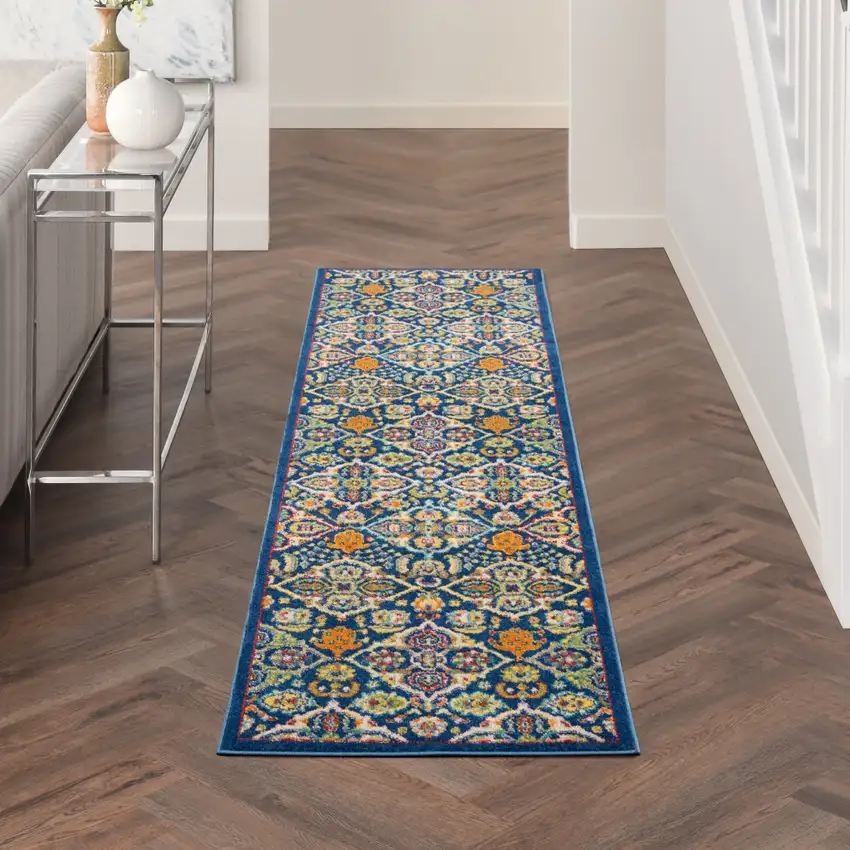 8' Blue Floral Power Loom Runner Rug Photo 5