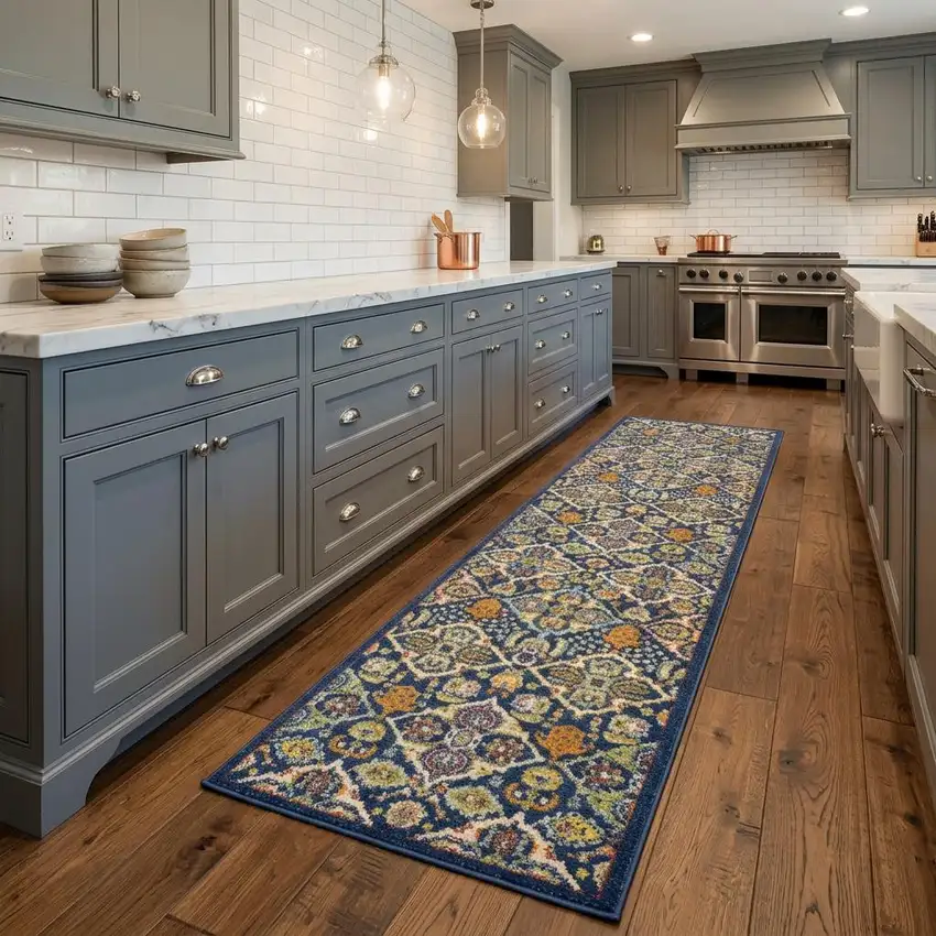 8' Blue Floral Power Loom Runner Rug Photo 1