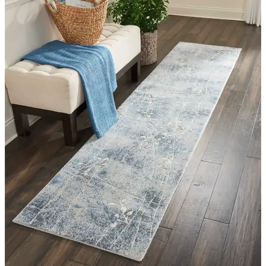 10' Blue Floral Power Loom Runner Rug Photo 2