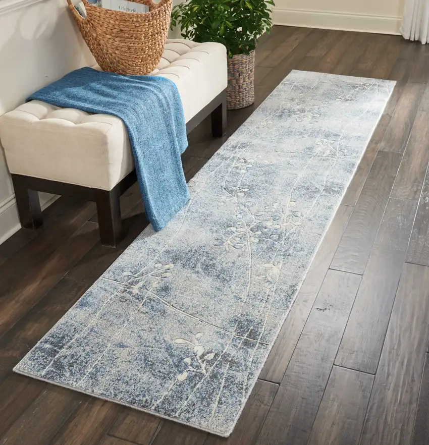 10' Blue Floral Power Loom Runner Rug Photo 2