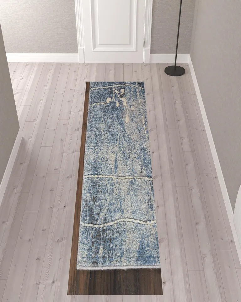 10' Blue Floral Power Loom Runner Rug Photo 2