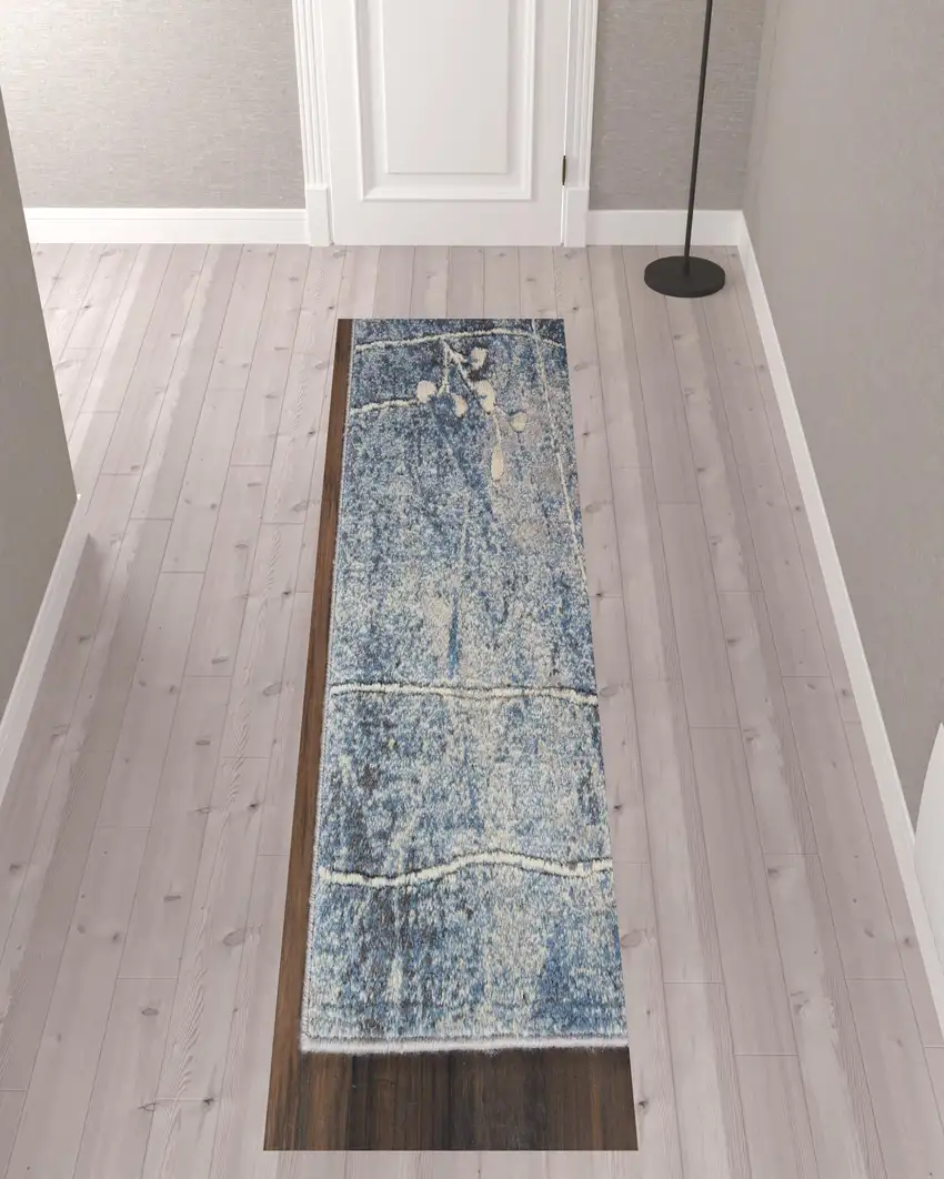 10' Blue Floral Power Loom Runner Rug Photo 2