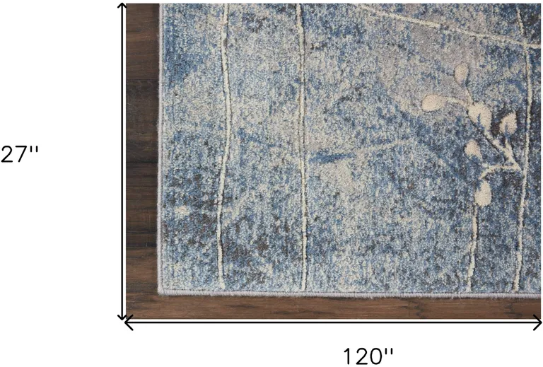 10' Blue Floral Power Loom Runner Rug Photo 4