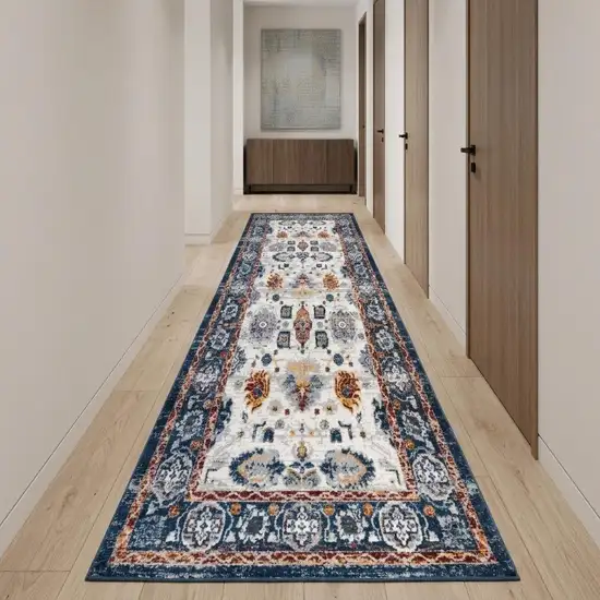 10' Ivory Orange And Blue Floral Runner Rug Photo 1