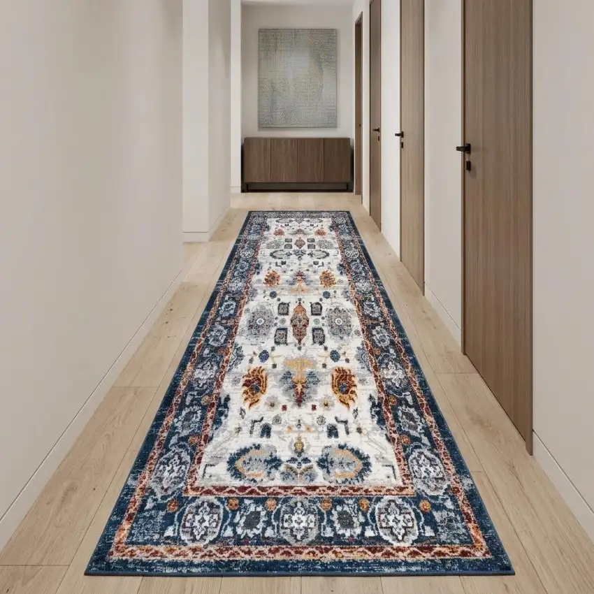 10' Ivory Orange And Blue Floral Runner Rug Photo 1