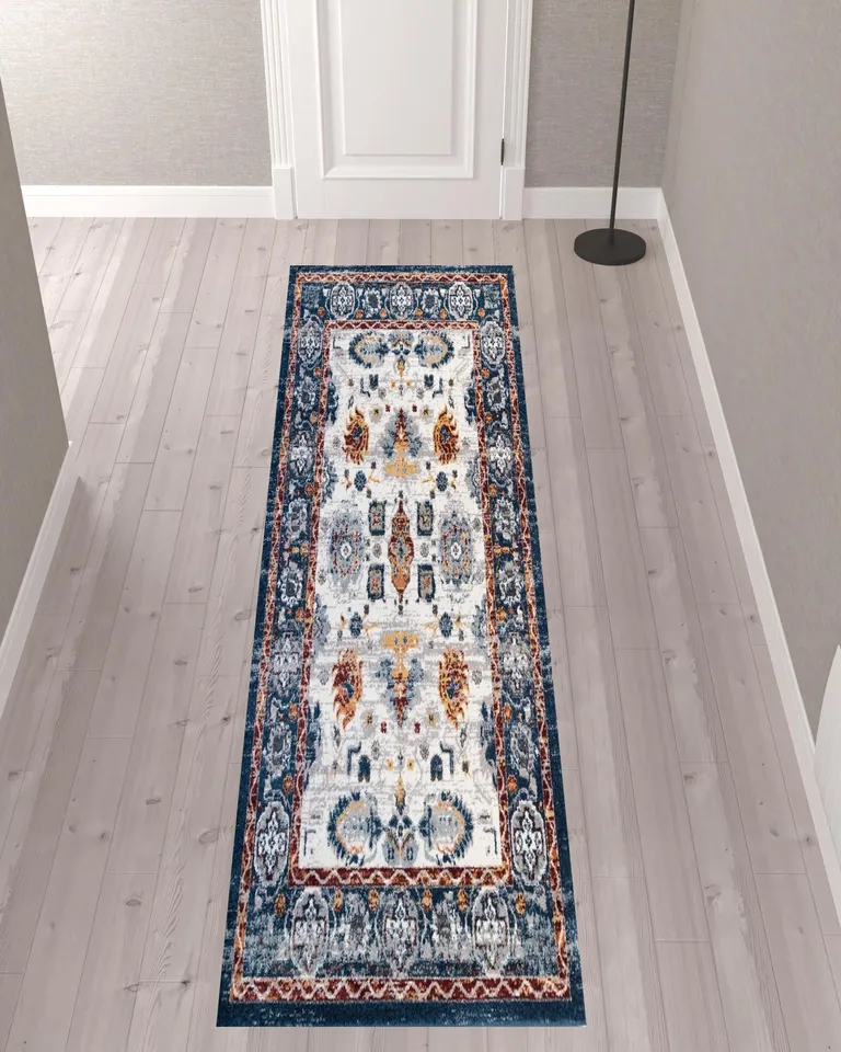10' Blue Floral Power Loom Runner Rug Photo 2
