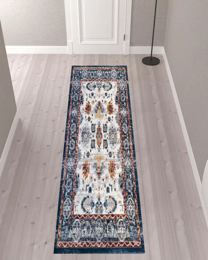 10' Blue Floral Power Loom Runner Rug Photo 2