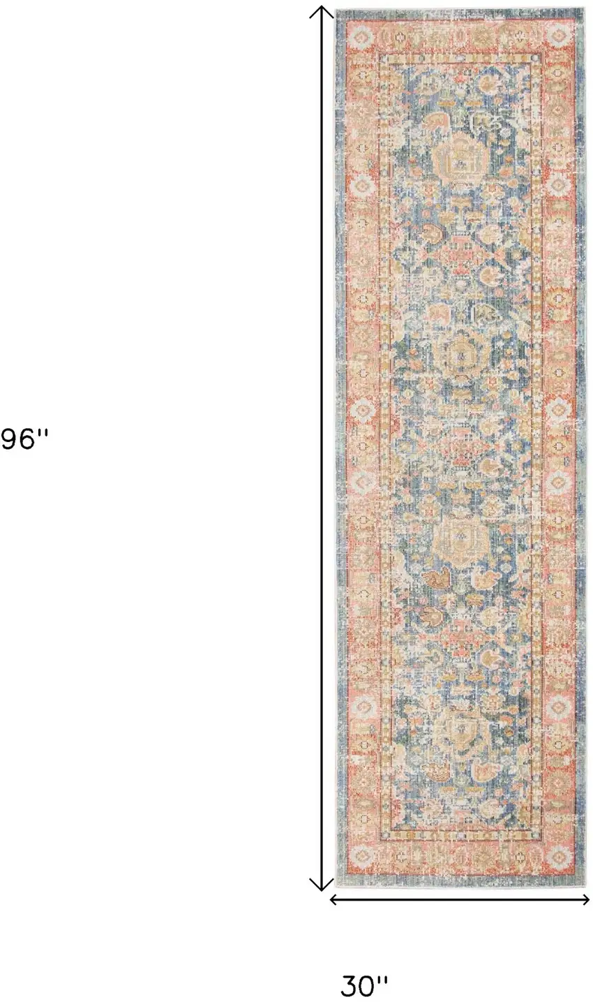 8' Blue Floral Power Loom Runner Rug Photo 8