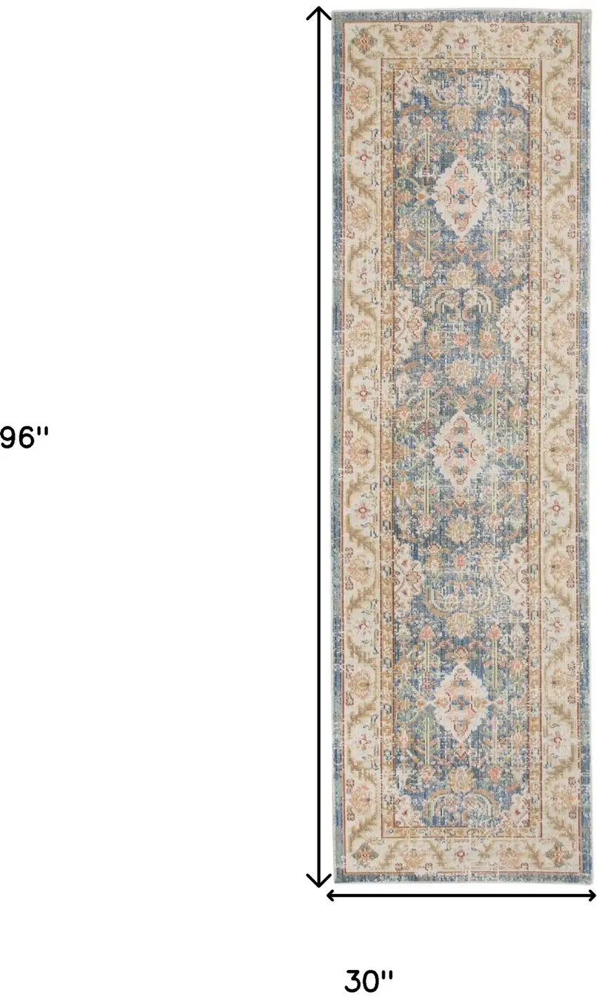 8' Blue Floral Power Loom Runner Rug Photo 8