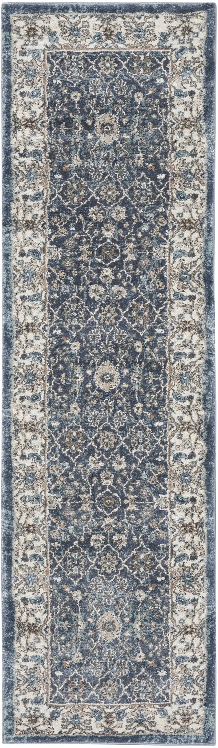 8' Blue Floral Power Loom Runner Rug Photo 2