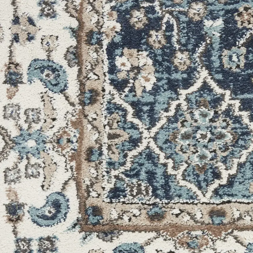 8' Teal Ivory And Gray Floral Medallion Runner Rug Photo 9