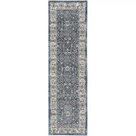 8' Teal Ivory And Gray Floral Medallion Runner Rug Photo 1