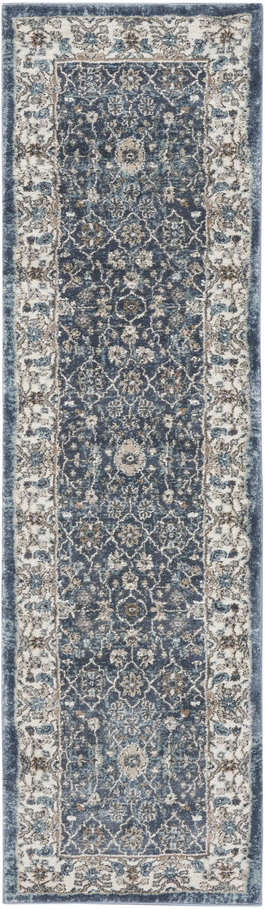8' Teal Ivory And Gray Floral Medallion Runner Rug Photo 1