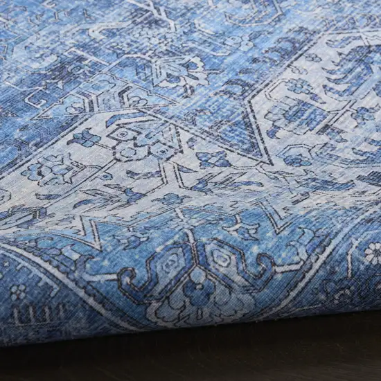 8' Blue Floral Power Loom Worn Faded Non Skid Runner Rug Photo 9
