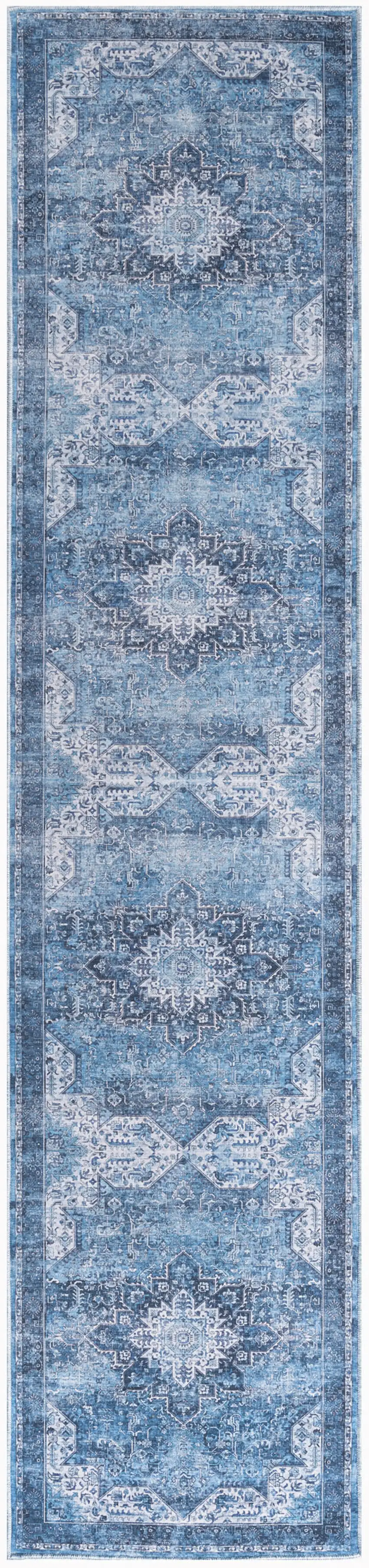 8' Blue Floral Power Loom Worn Faded Non Skid Runner Rug Photo 7