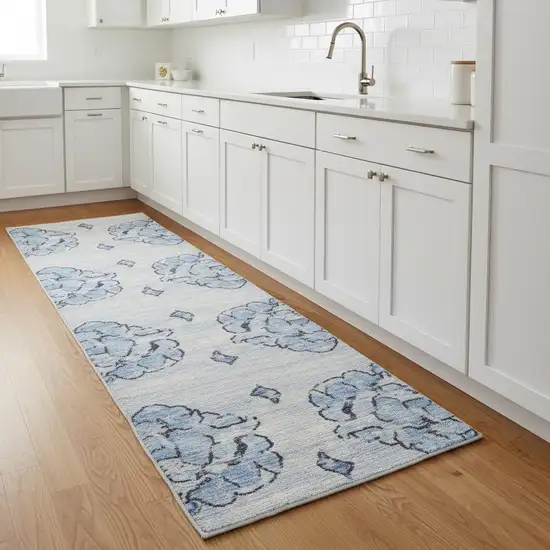 8' Blue Floral Power Loom Worn Faded Non Skid Runner Rug Photo 1