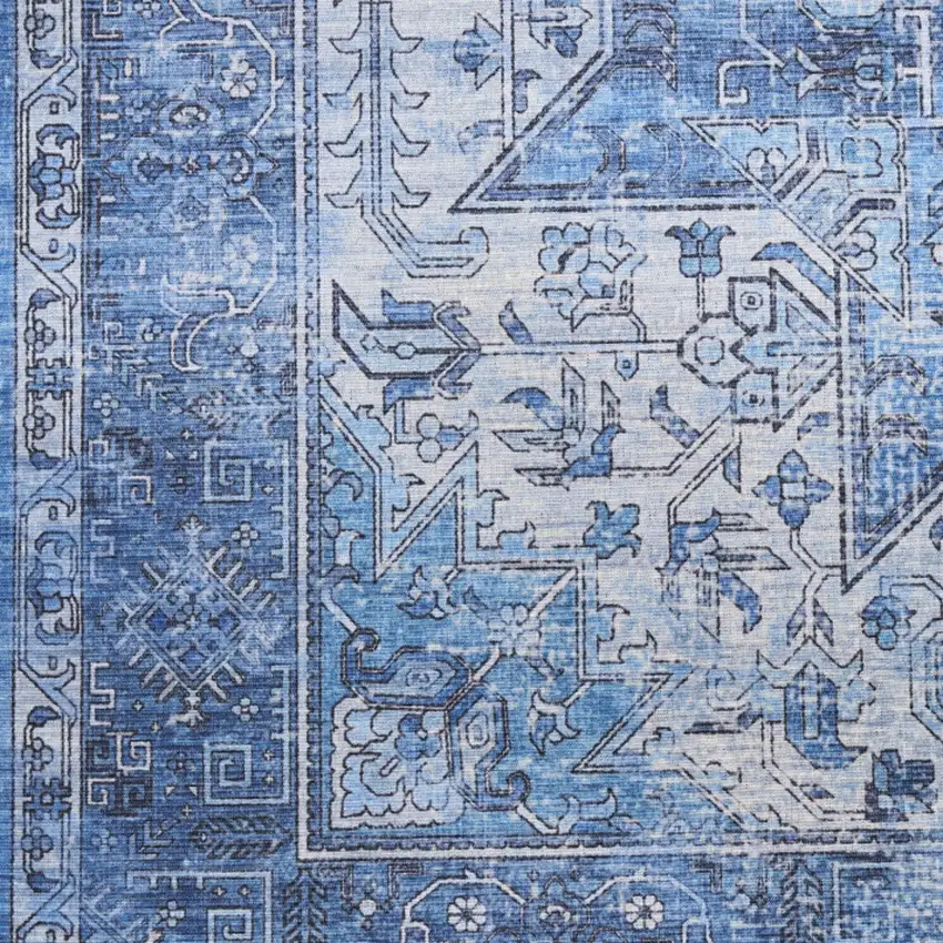 8' Blue Floral Power Loom Worn Faded Non Skid Runner Rug Photo 9