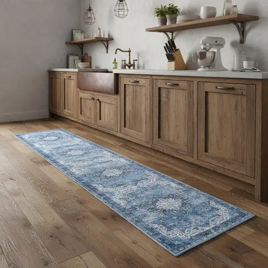 8' Blue Floral Power Loom Worn Faded Non Skid Runner Rug Photo 1