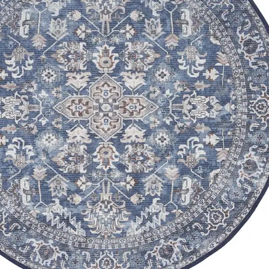 4' Blue Floral Power Loom Worn Faded Round Rug Photo 3