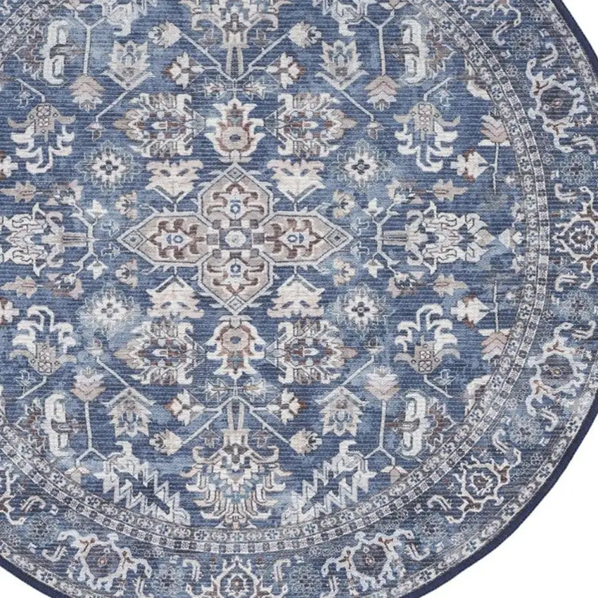 4' Blue Floral Power Loom Worn Faded Round Rug Photo 3