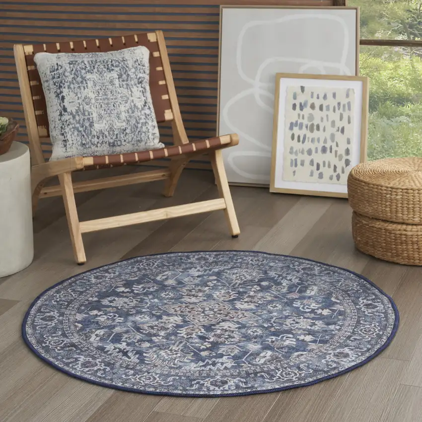 4' Blue Floral Power Loom Worn Faded Round Rug Photo 5