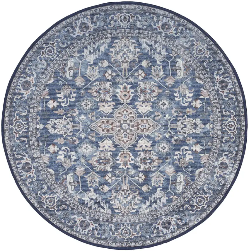 4' Blue Floral Power Loom Worn Faded Round Rug Photo 4