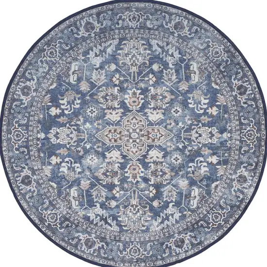 4' Blue Floral Power Loom Worn Faded Round Rug Photo 2