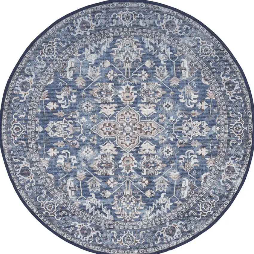 4' Blue Floral Power Loom Worn Faded Round Rug Photo 2