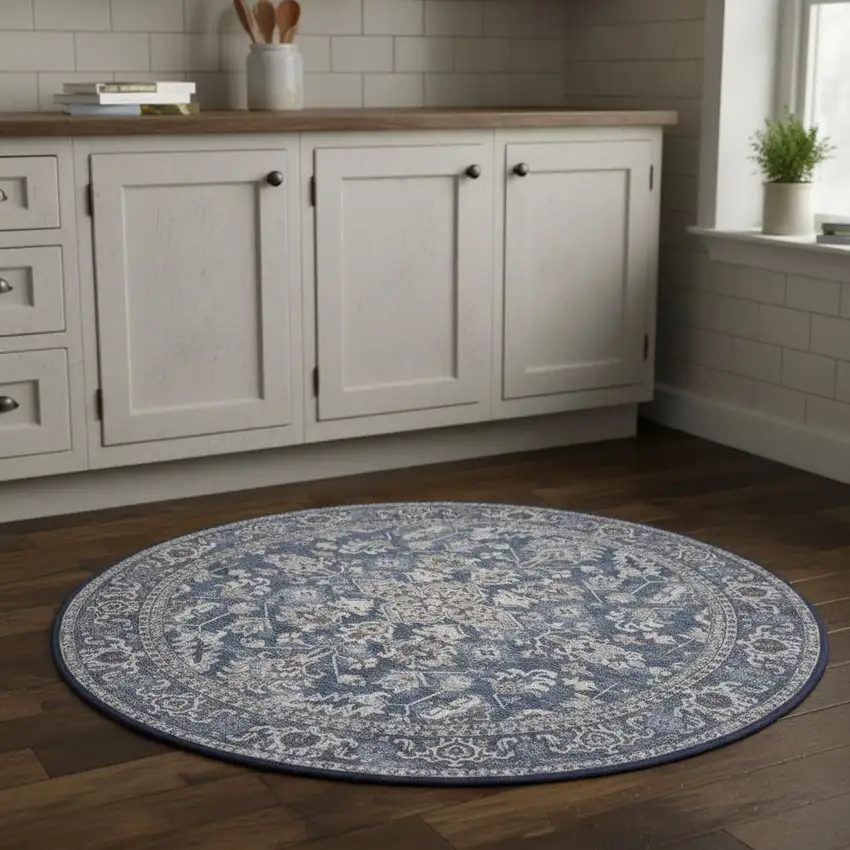 4' Blue Floral Power Loom Worn Faded Round Rug Photo 1