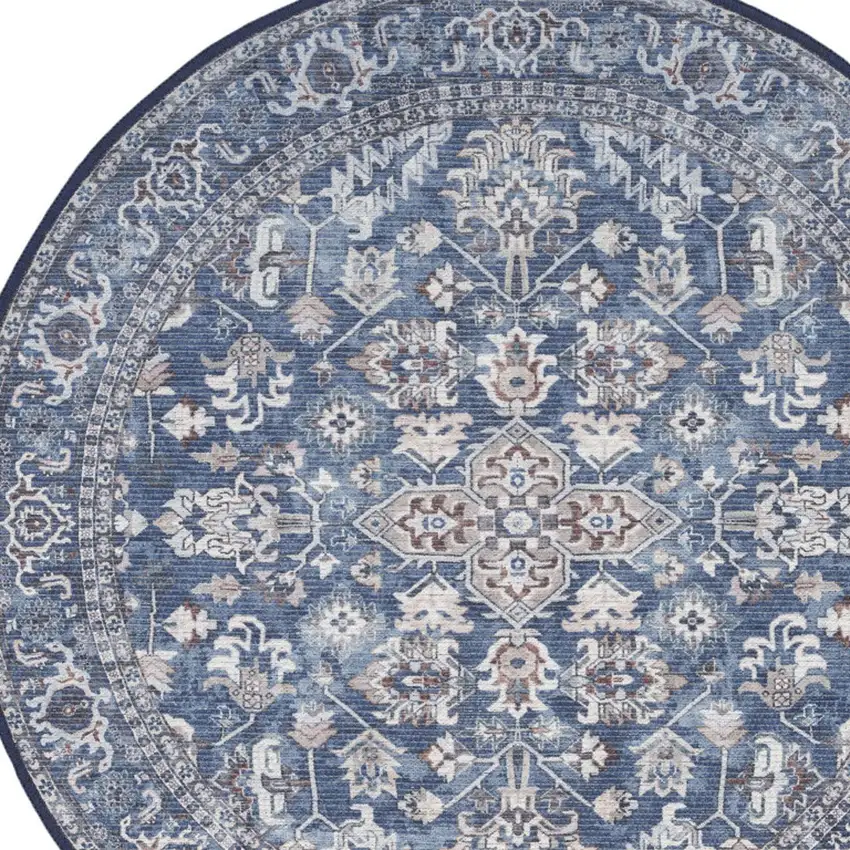 4' Blue Floral Power Loom Worn Faded Round Rug Photo 8