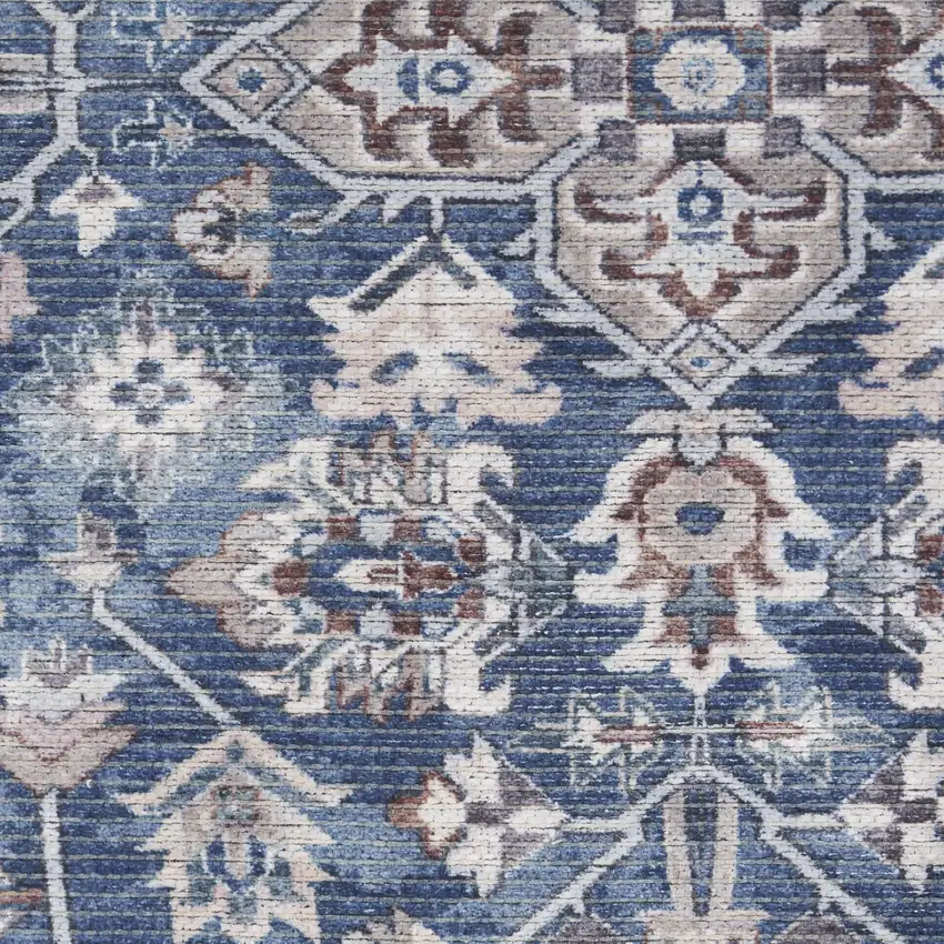 4' Blue Floral Power Loom Worn Faded Round Rug Photo 9