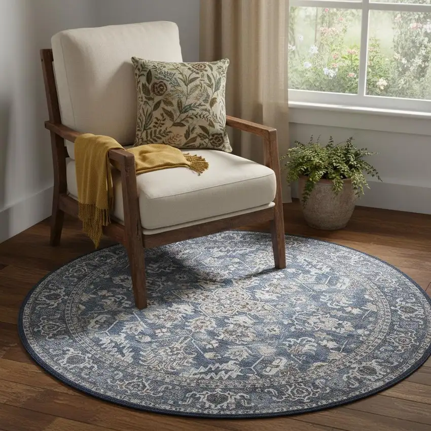 4' Blue Floral Power Loom Worn Faded Round Rug Photo 1