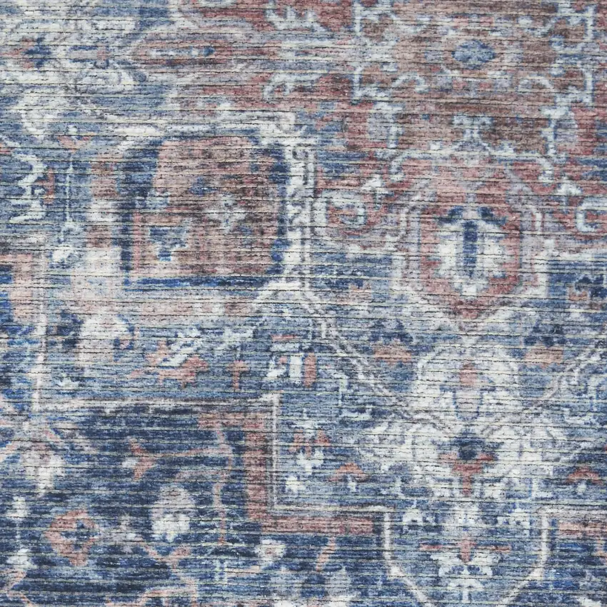 4' Blue Floral Power Loom Worn Faded Round Rug Photo 8