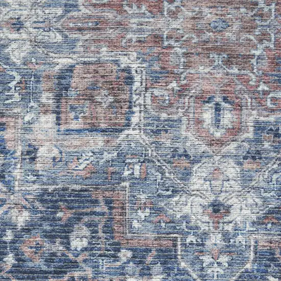 4' Blue Floral Power Loom Worn Faded Round Rug Photo 8
