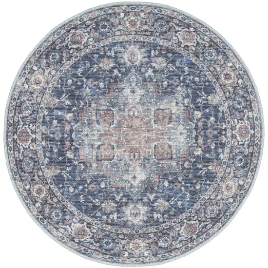 4' Blue Floral Power Loom Worn Faded Round Rug Photo 2