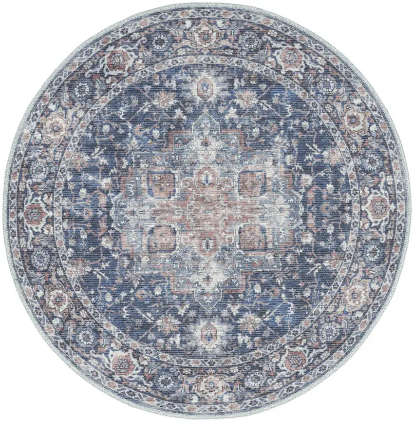4' Blue Floral Power Loom Worn Faded Round Rug Photo 2