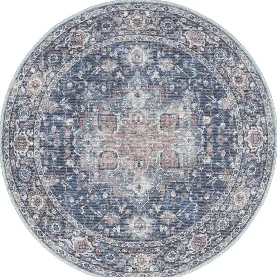 4' Blue Floral Power Loom Worn Faded Round Rug Photo 2