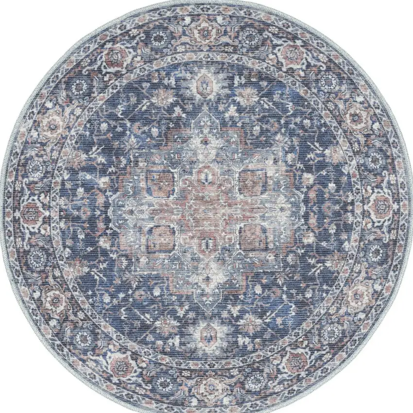 4' Blue Floral Power Loom Worn Faded Round Rug Photo 2