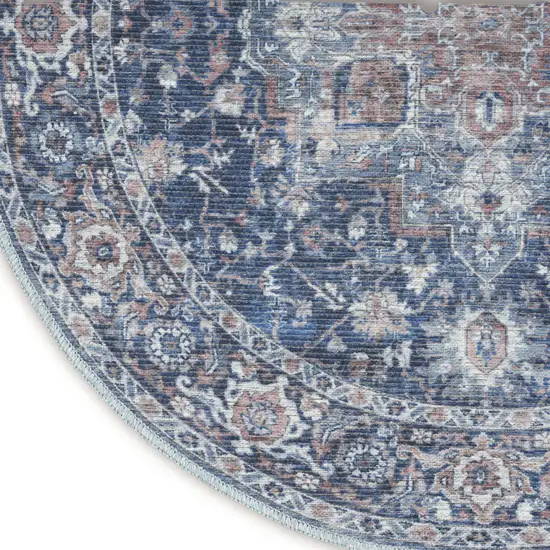 4' Blue Floral Power Loom Worn Faded Round Rug Photo 9