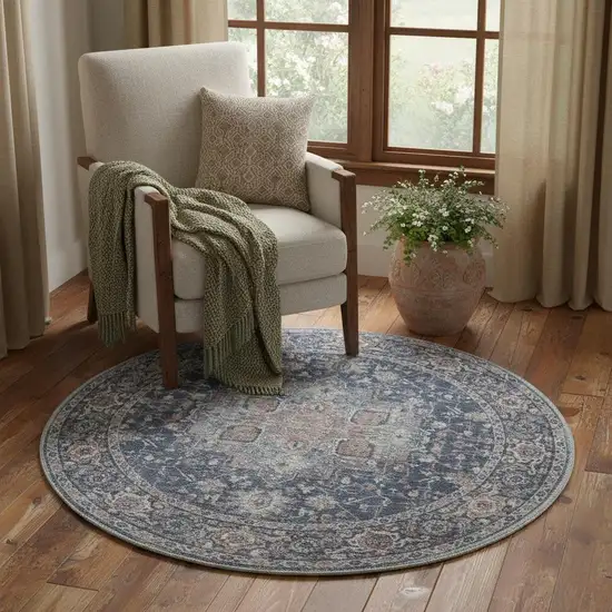 4' Blue Floral Power Loom Worn Faded Round Rug Photo 1