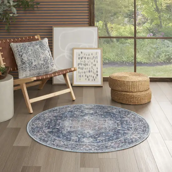 4' Blue Floral Power Loom Worn Faded Round Rug Photo 5